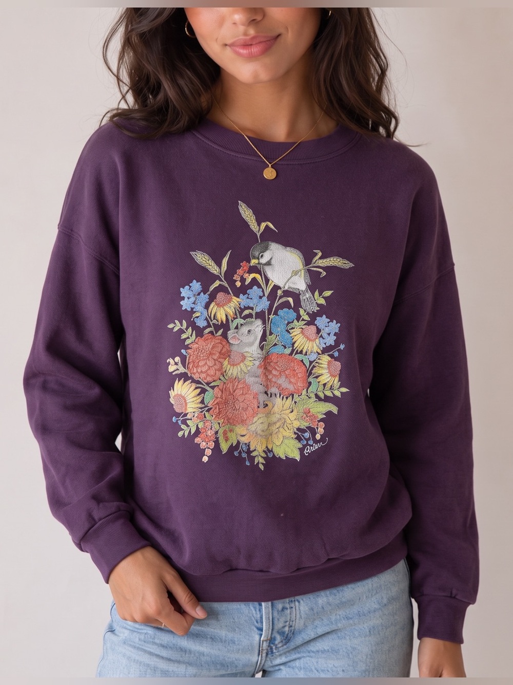 VINTAGE DECOTEX Bird Mouse Flowers Granny Sweatshirt